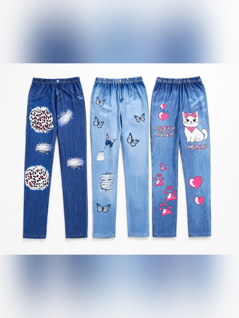 3-Pack Girls Denim Look Jeggings Leggings Set - 10Y Cat Butterfly Leopard Print